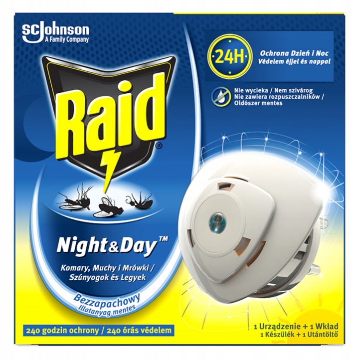 Raid Night & Day – elektrický insekticídny postrekovač s vymeniteľnou náplňou, ochrana proti komárom až 10 dní